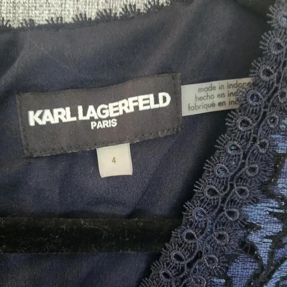 Karl Lagerfeld Cocktail Shift Dress Size 4 Blue & Black Lace Back Zip V-Neck - Picture 4 of 9